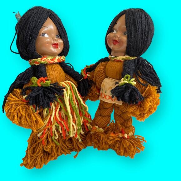 Yarn Dolls Native American, Braided Black Hair, Multicolor Clothes 15” Vtg - Picture 1 of 11